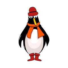 penguin in a hat. Cute cartoon penguin wearing a red hat and wearing shoes standing straight on a white background