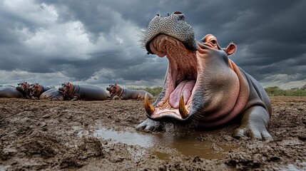 A hippo yawning widely while lying in the mud, surrounded by other hippos lounging lazily by the water under a cloudy sky.