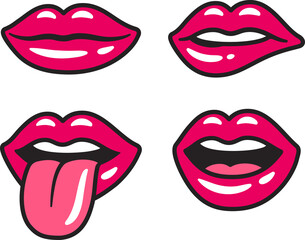 Cartoon red sexy female lips set. Open and closed mouth, tongue sticking out, biting lip. Isolated illustrations © sudowoodo