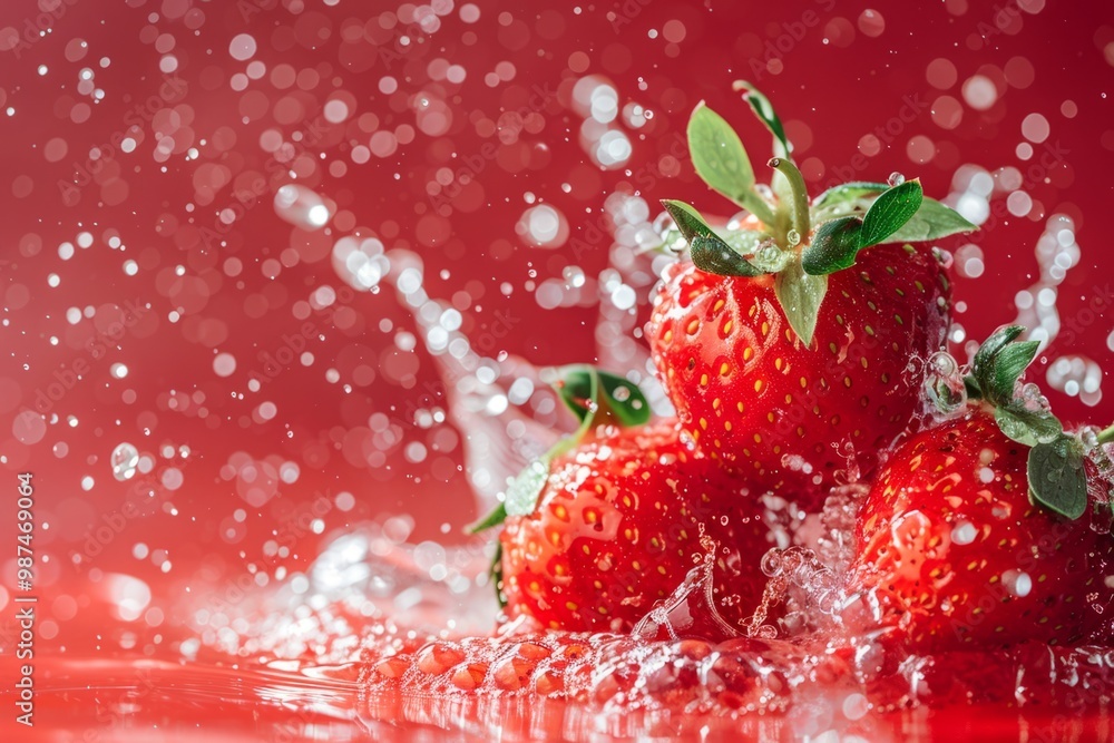Poster fresh strawberries splashing into water on a red background