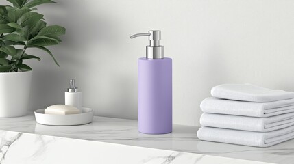 Fototapeta premium A sleek soap bottle with a chrome pump sits on a polished white marble countertop alongside fresh white towels, enhancing the elegance of the modern bathroom