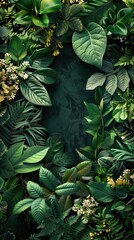 Obraz premium Jungle foliage across all sides with blank space, black background, high contrast, soft gradient.