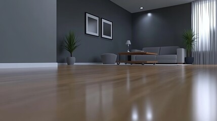 This contemporary living room features gray walls, a comfortable sofa with yellow cushions, a glass coffee table, and vibrant plants, creating a tranquil and inviting atmosphere
