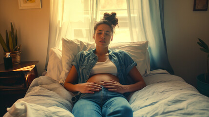 Fototapeta premium A young woman holding his nads on stomach with abdominal pain, ache.
