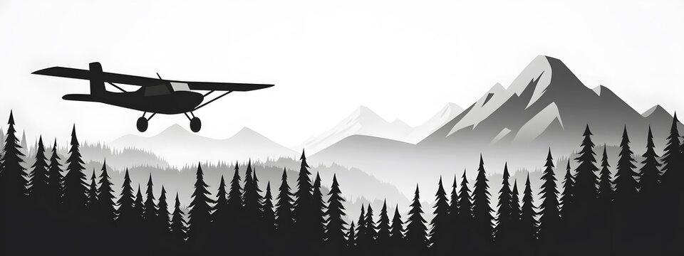 A black-and-white, simple vector graphic of an old plane flying over the mountains