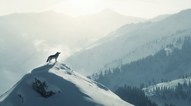   Lone wolf atop snowy mount with trees in fg & fog in bkg
