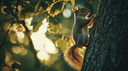 Obraz premium A squirrel climbs a tree for a sunny view through leaves