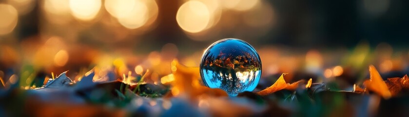 A crystal ball on autumn leaves reflecting trees and warm colors.
