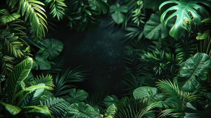 Jungle foliage across all sides with blank space, black background, high contrast, soft gradient.