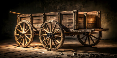 Fototapeta premium A rustic wooden cart wagon with worn wheels stands against a dark, shadowy background. The wood shows signs of age with visible cracks and weathering, casting long shadows on the ground, while a subtl