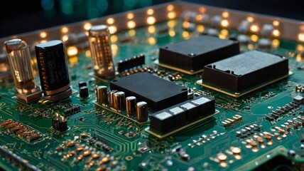 Obraz premium Cpu computer chip on motherboard blue light theme,Computer processor on motherboard with blue illumination.