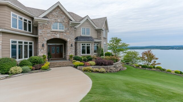 Several elegant homes line the picturesque shore of a Kentucky lake, featuring stone and wood exteriors, lush lawns, and breathtaking views of the serene water