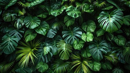 Jungle foliage across all sides with blank space, black background, high contrast, soft gradient.
