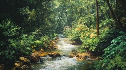 Obraz premium Serene Forest Stream Flowing Through Lush Greenery and Vibrant Flowers in a Tranquil Natural Setting