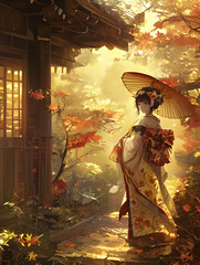 Japanese geisha in a beautiful Japanese garden
