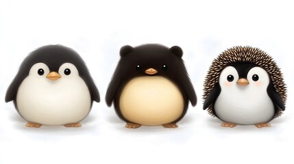 A delightful winter scene features a bear and penguin in colorful scarves, a hedgehog with antlers, and an owl on a tree branch, all set against a snowy backdrop