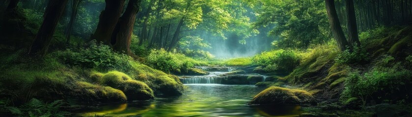 Obraz premium Serene Forest Stream with Lush Greenery and Sunlight Filtering Through Trees