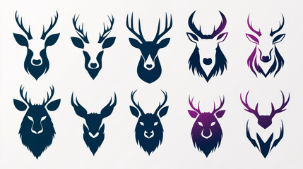 Fototapeta premium A set of 10 deer head silhouettes in blue and purple.