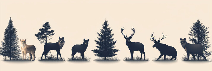 Fototapeta premium Silhouettes of woodland animals and trees.