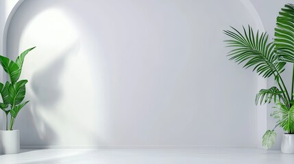 Sunlight enters through a window, casting soft shadows on an arched white wall adorned by lush green plants, creating a tranquil and minimalist ambiance