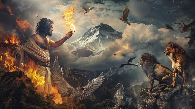 Striking image of prometheus with flame and mount olympus, symbolizing human progress and sacrifice
