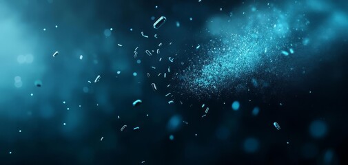 Abstract particles floating in a mystical blue ambiance, isolated on a dark background.