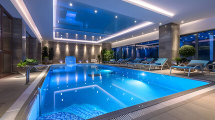Modern Indoor Swimming Pool with Luxury Lounge Chairs