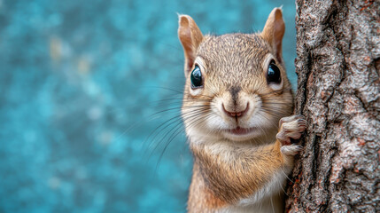 Obraz premium A curious squirrel peeks out from behind a tree.