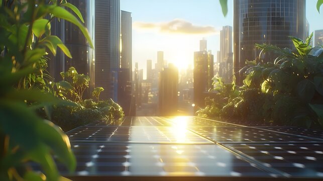 Urban landscape with green plants and sunlight