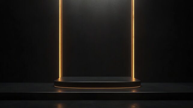 recommend clip art: A black platform with a glowing gold outline in a dark room.
