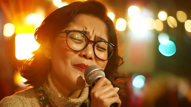 A late-thirties Asian woman in glasses sings karaoke at a holiday party, enthusiastically holding a microphone while surrounded by cheerful guests and decorations.