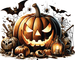 Adobe Illustrator Artwork Halloween vector illustration featuring a jack-o'-lantern pumpkin adorned with intricate carvings and a mischievous grin