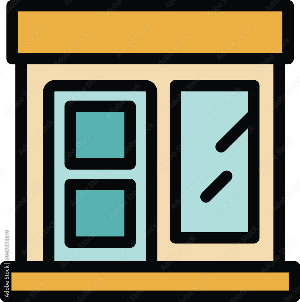 Poster simple vector icon of a small shop store building facade showing closed doors with windows