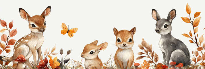 Naklejka premium Cute woodland animals gathered together in a watercolor illustration.