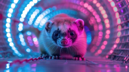 A close-up of a ferret in a colorful, illuminated tunnel.