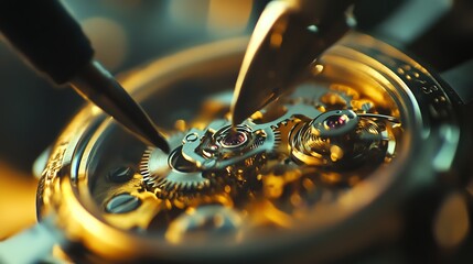 Close-up of a watchmaker using tweezers to work on a watch mechanism.