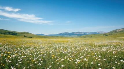 Beautiful Meadow with Wildflowers Under a Clear Blue Sky and Mountain Range in the Background