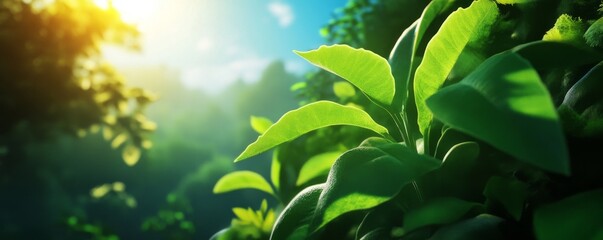 Obraz premium Close-up of lush green leaves basking in sunlight in a serene environment.