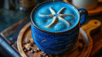 Blue Latte with Starfish Design in Blue Cup