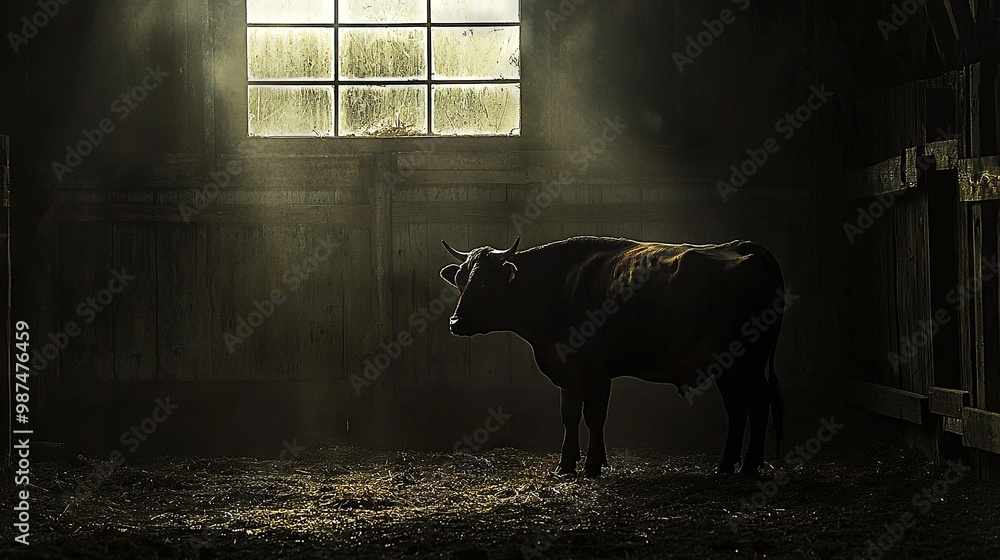 Canvas Prints   A cow stands in a barn lit by sunlight streaming through a window on the side