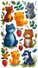 Adorable cartoon animals in a woodland setting.