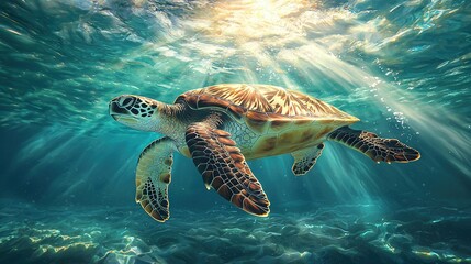 Fototapeta premium Painting of a turtle swimming in the sunlit sea with its head above water