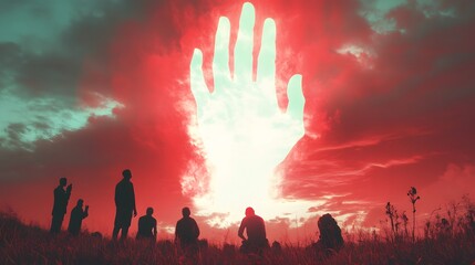 Spread Divine Hand with People Worshiping, on Red Background, Abstract Image, Texture, Pattern Background, Wallpaper, Cover and Screen of Smartphone, PC, Laptop, 9:16 and 16:9 Format