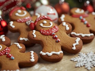 Playful gingerbread men cookies standing on snowy surface, AI generated