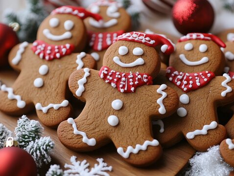 Playful gingerbread men cookies standing on snowy surface, AI generated