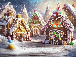 Fototapeta premium Whimsical gingerbread houses decorated with candy and icing, AI generated