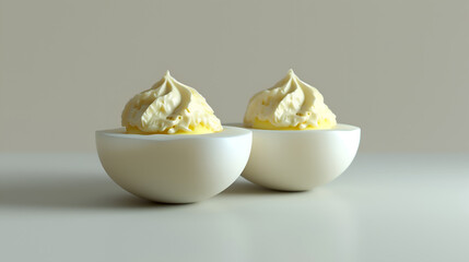 Two deviled eggs with creamy filling on a neutral backdrop. Ideal for food-related websites, minimalist cooking blogs, or healthy recipe guides