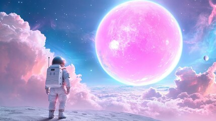 Naklejka premium Astronaut on alien planet with pink moon and clouds