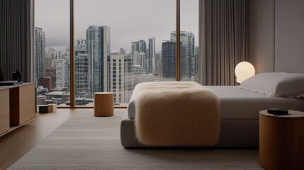 A soft, beige blanket is thoughtfully arranged on a stylish bed situated in a modern bedroom with wooden floors and soothing gray walls, perfect for home decor inspirations