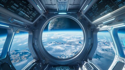 Stunning spaceship interior with advanced tech and panoramic view of earth from space